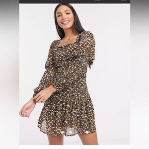 Asos Black Ditsy Floral Puff Sleeve Dress TALL